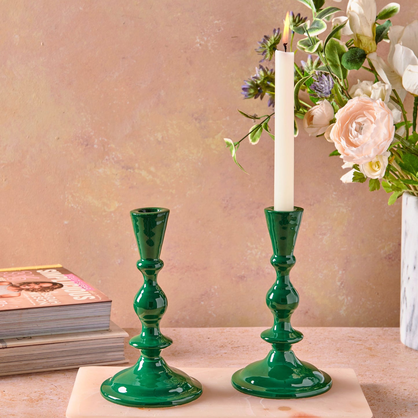 Metal Candle Holder for Tapers - Dark Green Candlestick with Ceramic finish - Aksa Home Decor