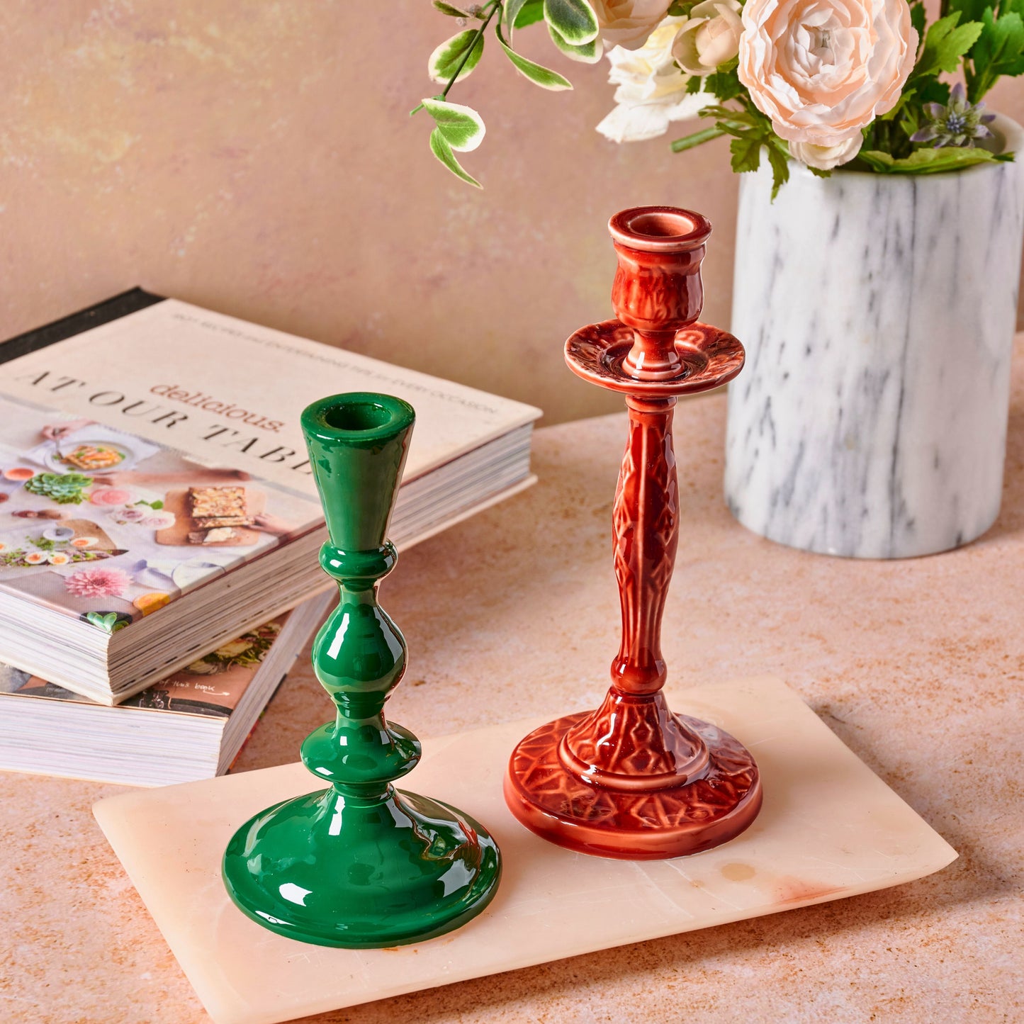 Metal Candle Holder for Tapers - Dark Green Candlestick with Ceramic finish - Aksa Home Decor