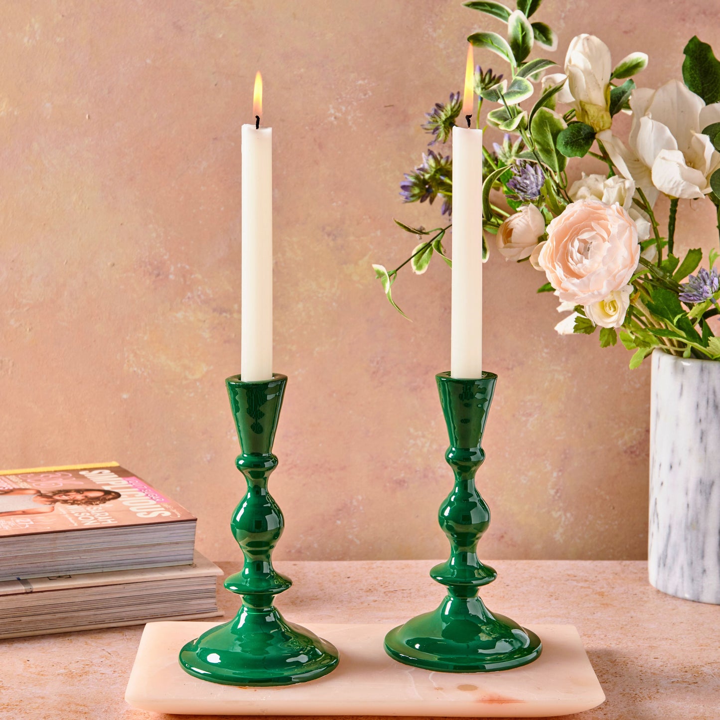 Metal Candle Holder for Tapers - Dark Green Candlestick with Ceramic finish - Aksa Home Decor