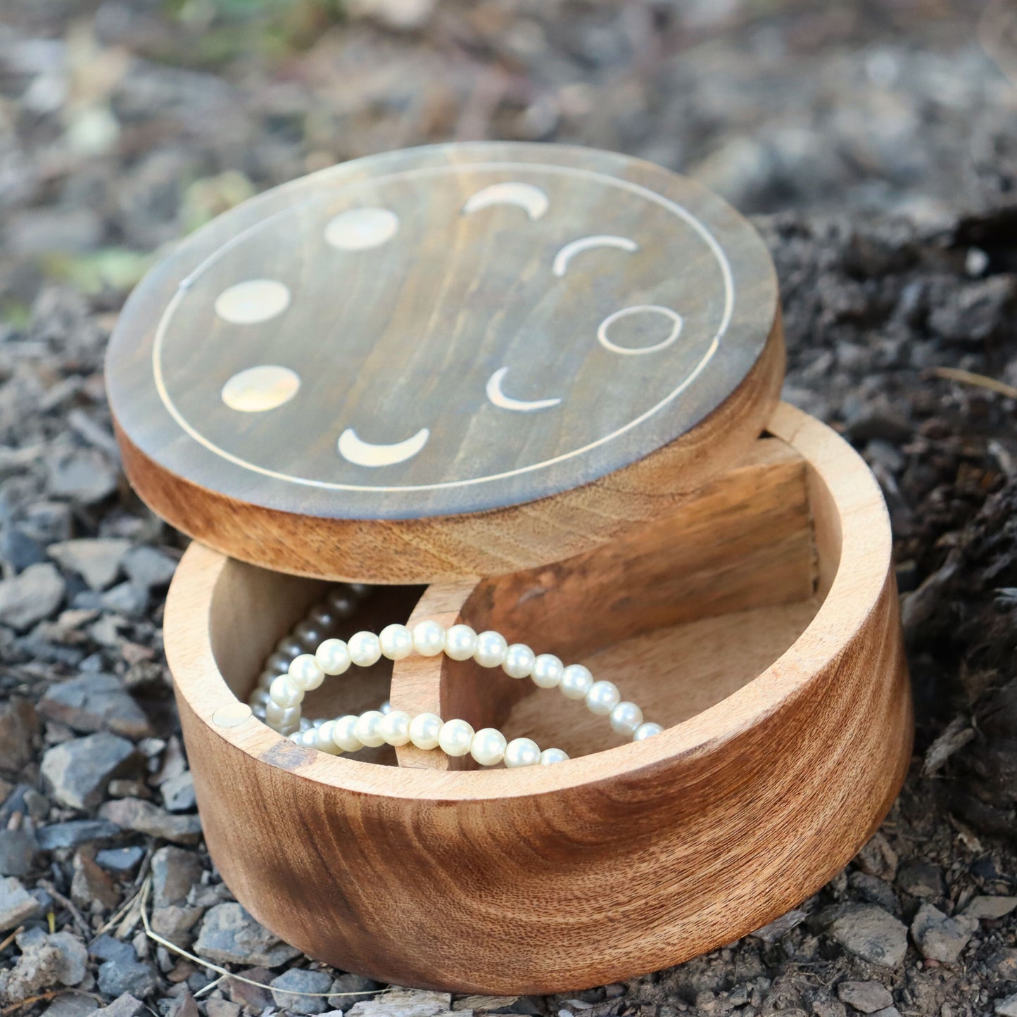 Moon Phase Round Wood Jewellery Box, Lunar Keepsake Storage Decor - Aksa Home Decor