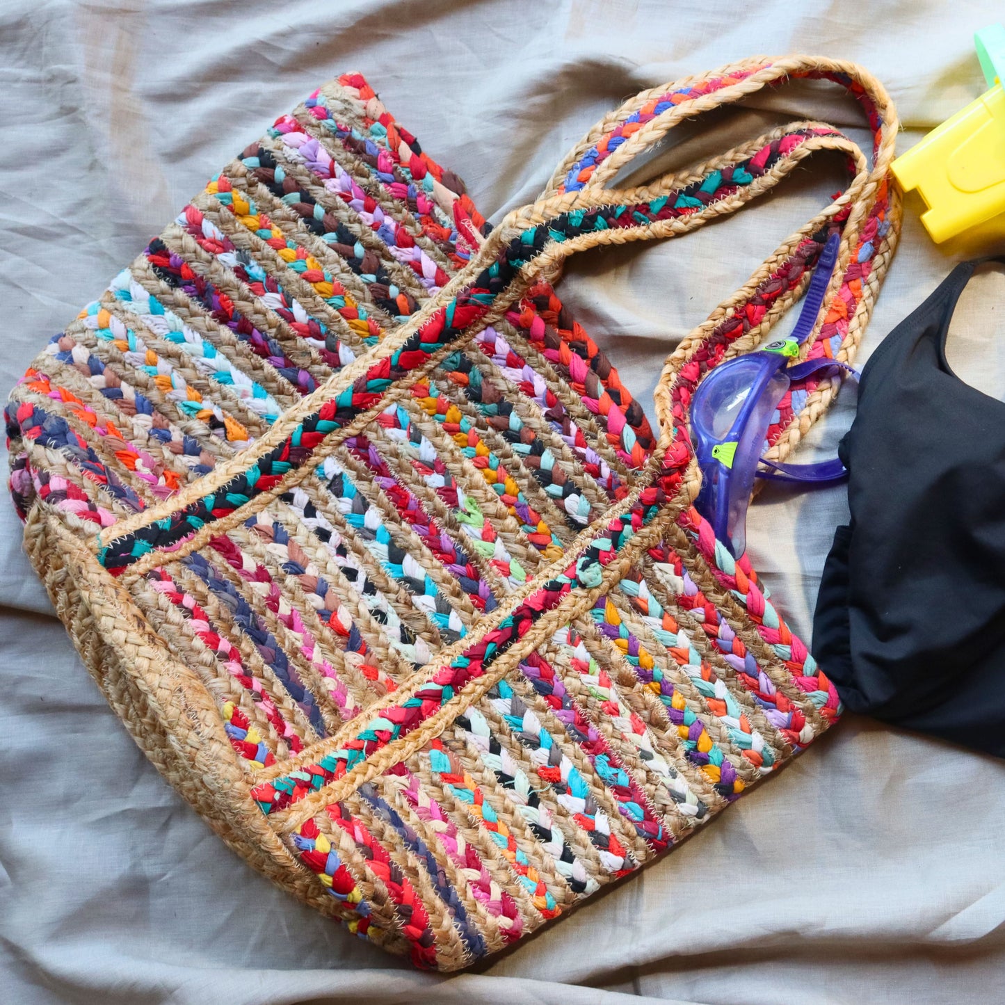 Rainbow Recycled Cloth & Jute Tote Bag, Multicoloured Hand woven Braided Chindi Style - Aksa Home Decor