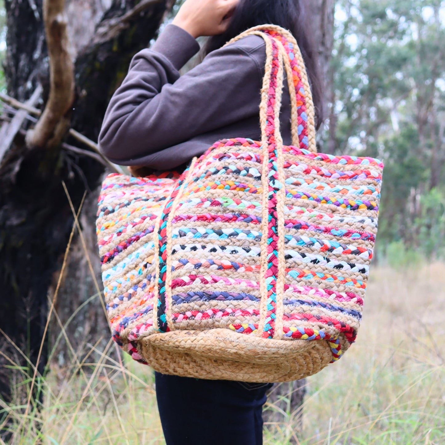 Rainbow Recycled Cloth & Jute Tote Bag, Multicoloured Hand woven Braided Chindi Style - Aksa Home Decor