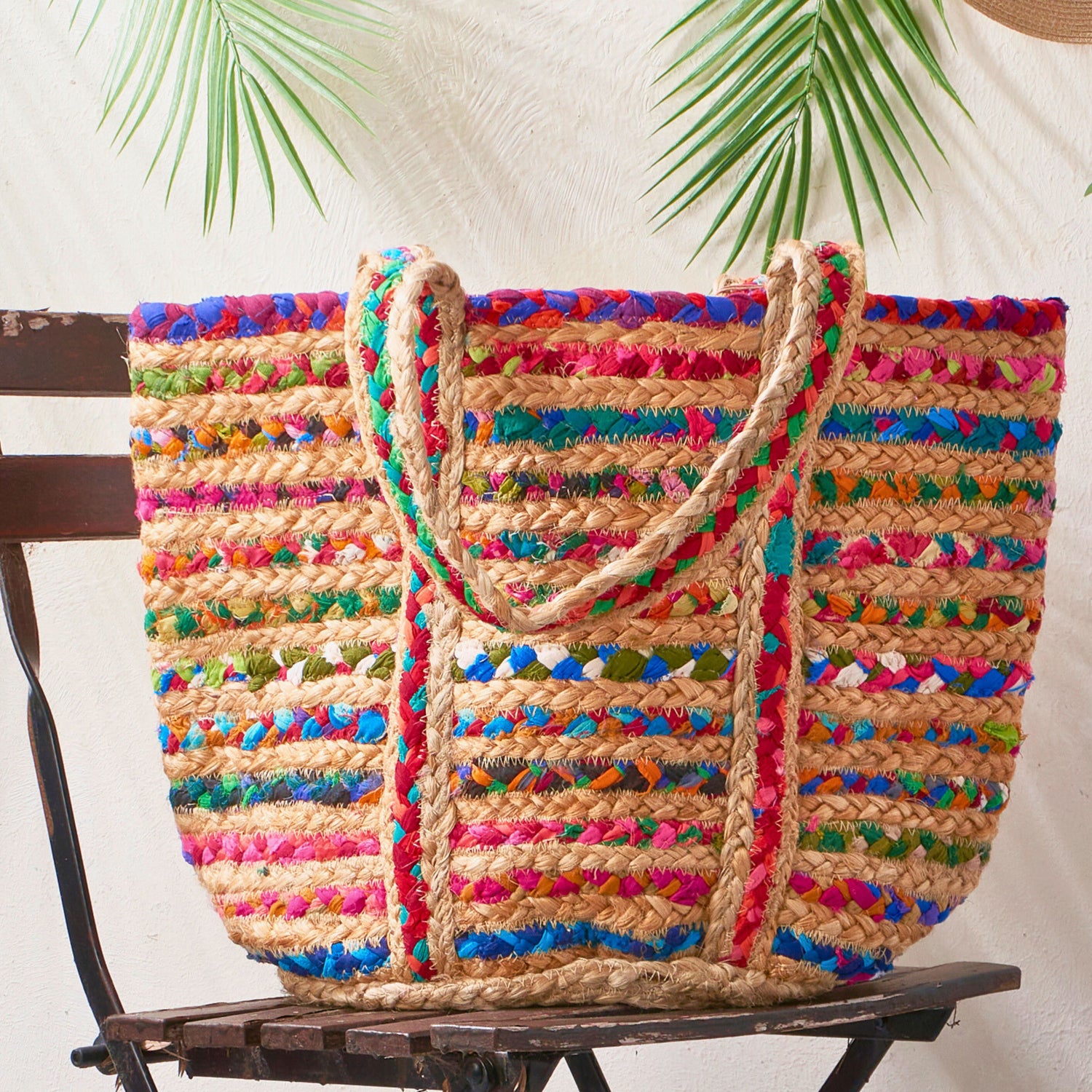 Rainbow Recycled Cloth & Jute Tote Bag, Multicoloured Hand woven Braided Chindi Style - Aksa Home Decor