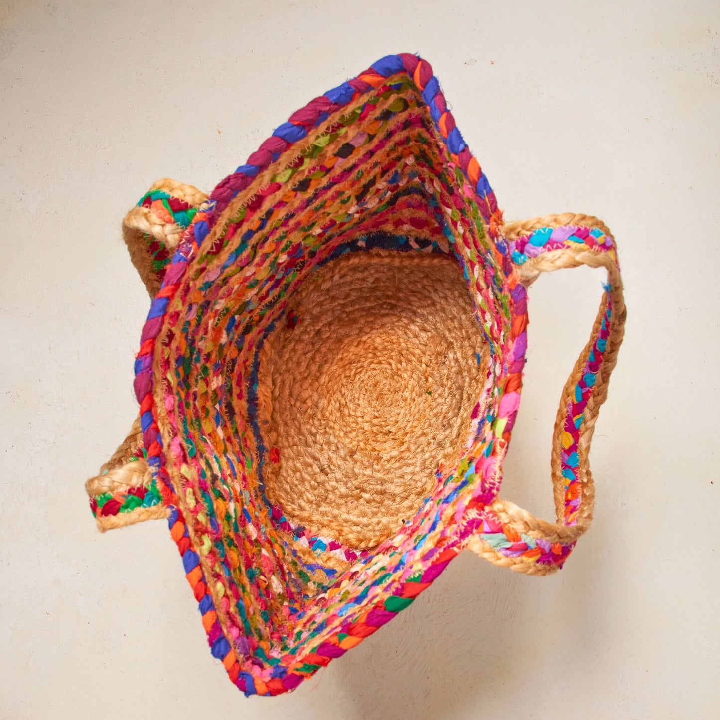 Rainbow Recycled Cloth & Jute Tote Bag, Multicoloured Hand woven Braided Chindi Style - Aksa Home Decor