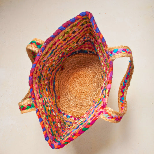 Rainbow Recycled Cloth & Jute Tote Bag, Multicoloured Hand woven Braided Chindi Style - Aksa Home Decor