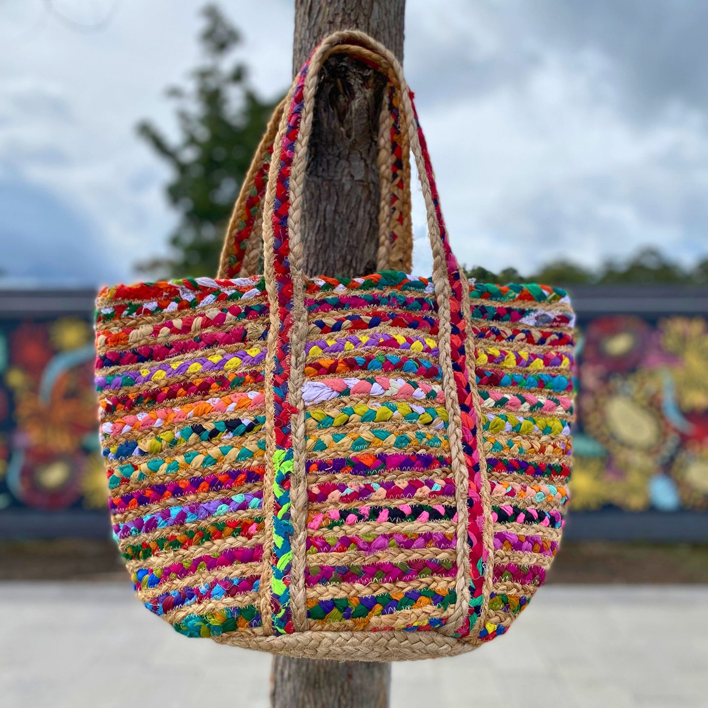 Rainbow Recycled Cloth & Jute Tote Bag, Multicoloured Hand woven Braided Chindi Style - Aksa Home Decor