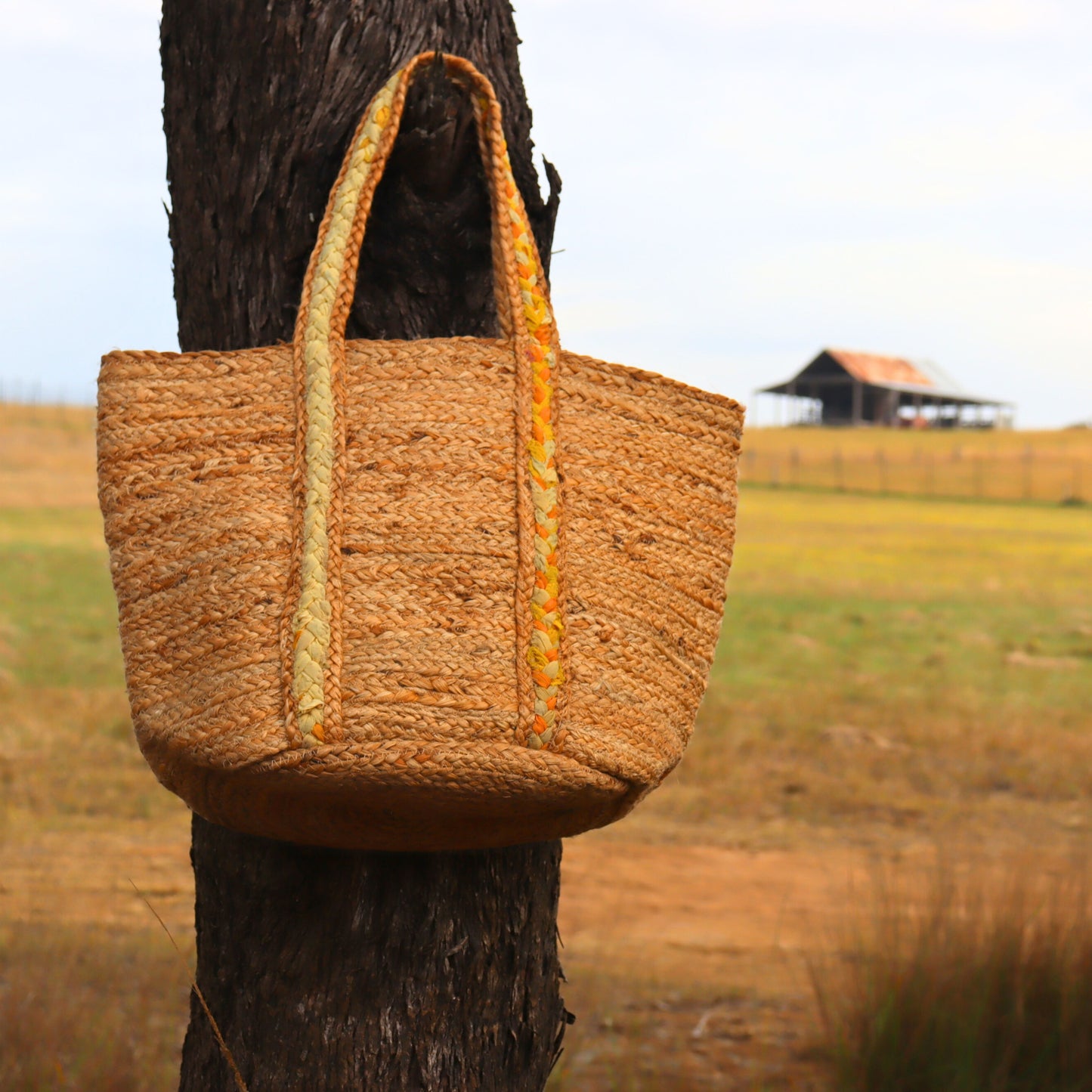 Recycled Cloth & Jute Tote Bag, Hand woven Yellow Braided Striped Bag - Aksa Home Decor