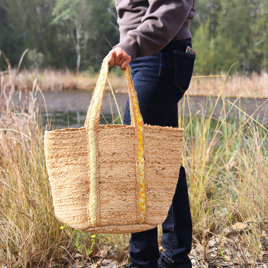 Recycled Cloth & Jute Tote Bag, Hand woven Yellow Braided Striped Bag - Aksa Home Decor