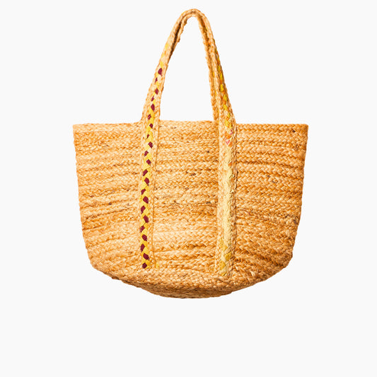 Recycled Cloth & Jute Tote Bag, Hand woven Yellow Braided Striped Bag - Aksa Home Decor