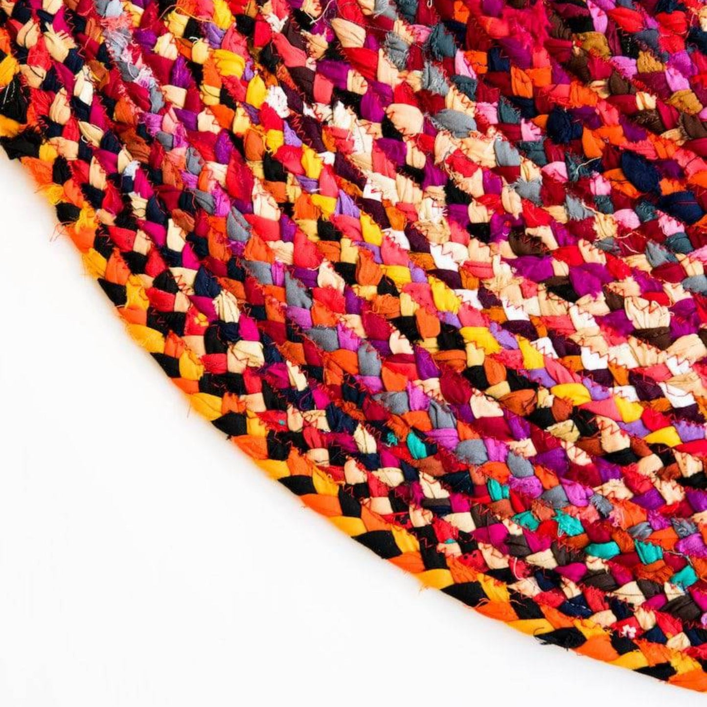 Recycled Cotton Round Chindi Rag Rug - Multicolour 3 ft, Braided Style, Hand-Knotted - Aksa Home Decor