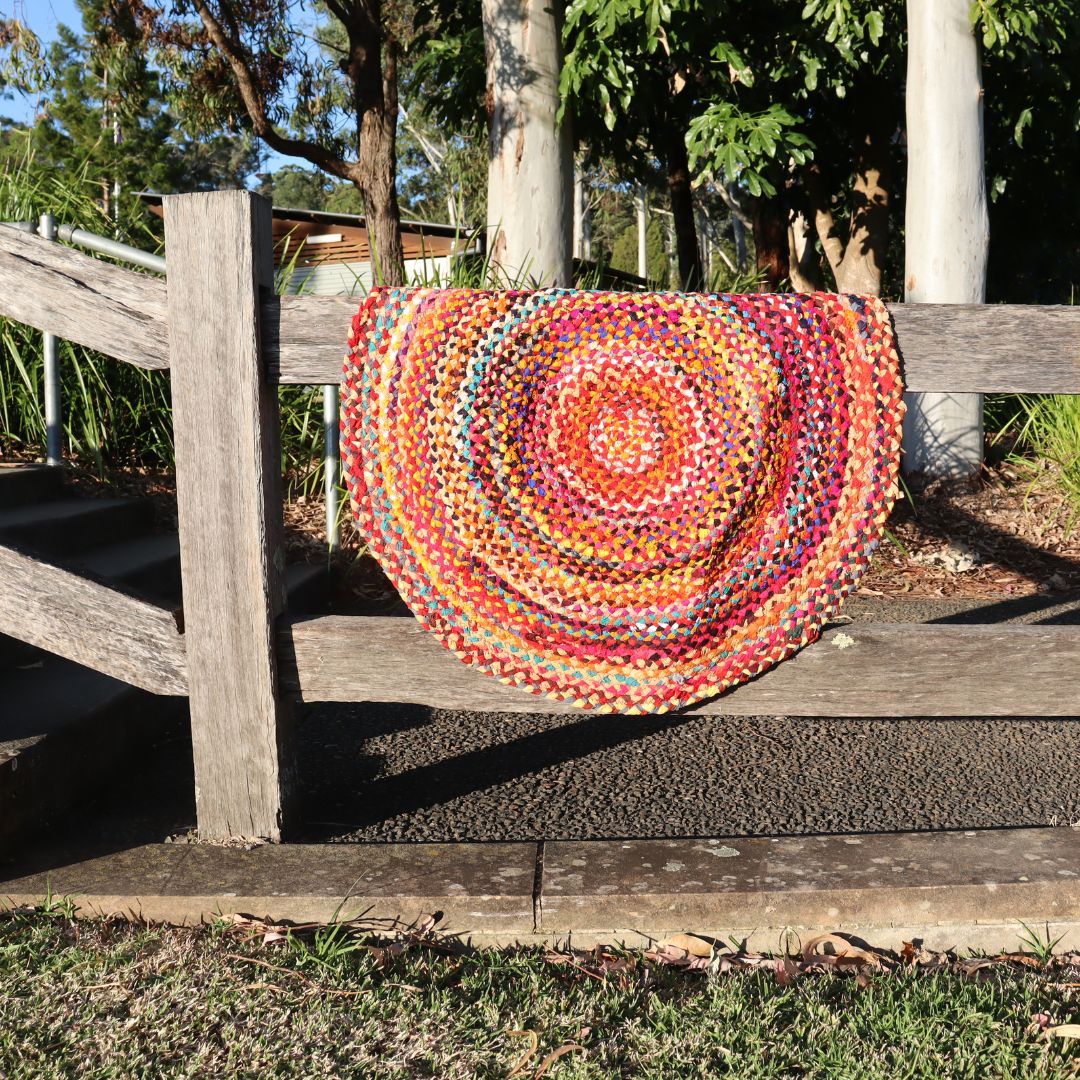 Round Chindi Rag Rug, Recycled Cotton, Multicolour 3 ft, Braided Style, Hand Knotted - Aksa Home Decor