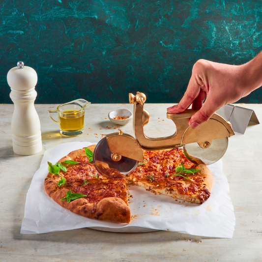 Scooter Pizza Cutter with Stand, Stainless Steel Gold Kitchenware - Aksa Home Decor