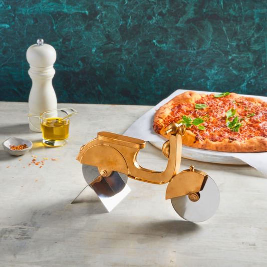 Scooter Pizza Cutter with Stand, Stainless Steel Gold Kitchenware - Aksa Home Decor