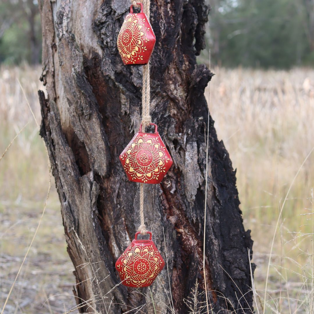 Set of 3 Red Cow Bells, Hand Painted Gold Motif Decorative Wall Hanging - Aksa Home Decor 