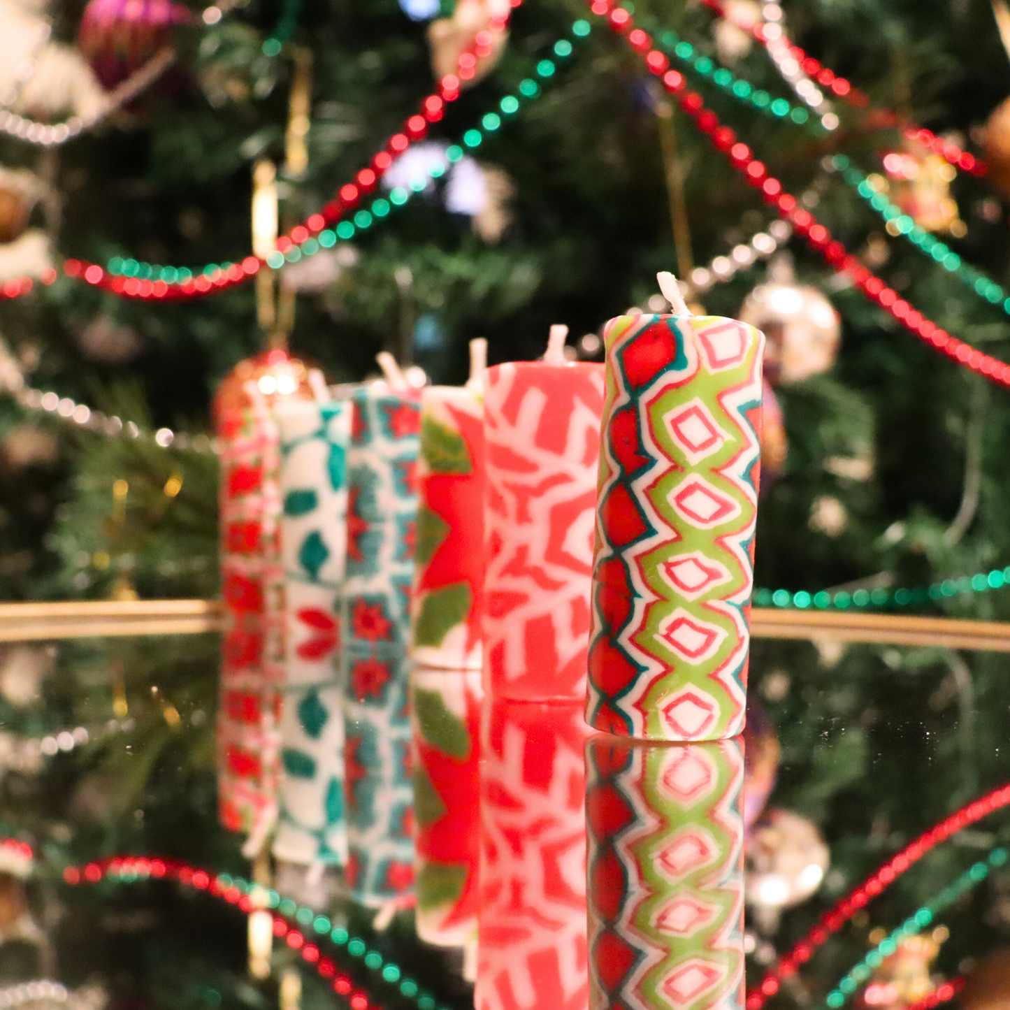 Small Pillar Dinner Candles, Unscented Set of 6, Christmas Festive Patterns - Aksa Home Decor
