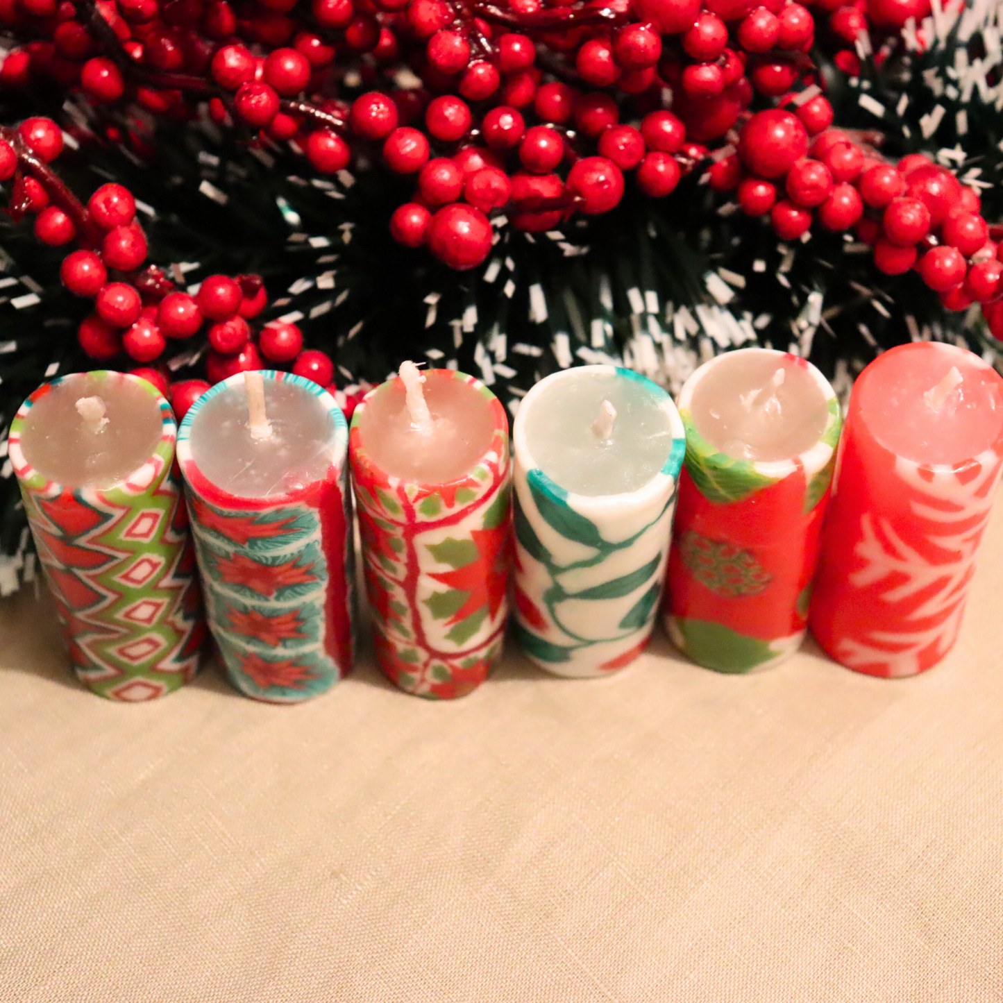 Small Pillar Dinner Candles, Unscented Set of 6, Christmas Festive Patterns - Aksa Home Decor