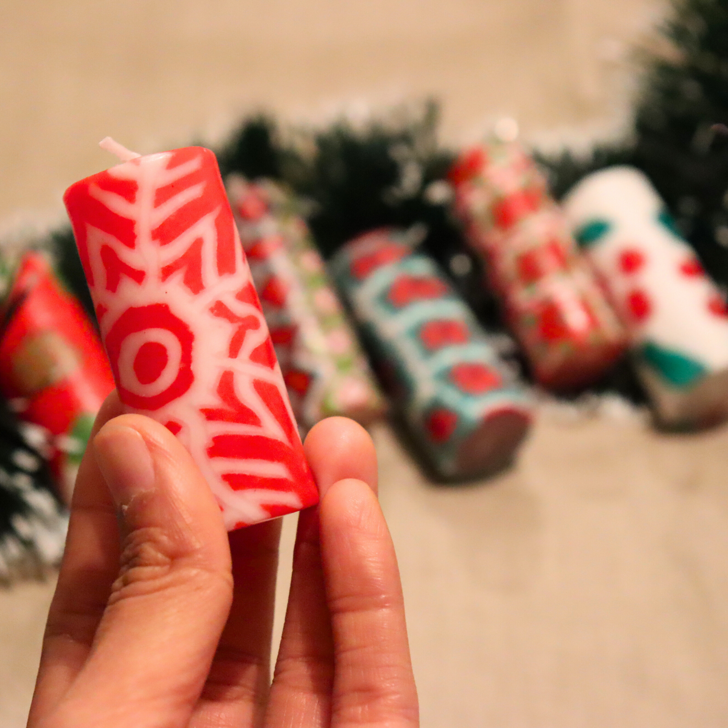 Small Pillar Dinner Candles, Unscented Set of 6, Christmas Festive Patterns - Aksa Home Decor