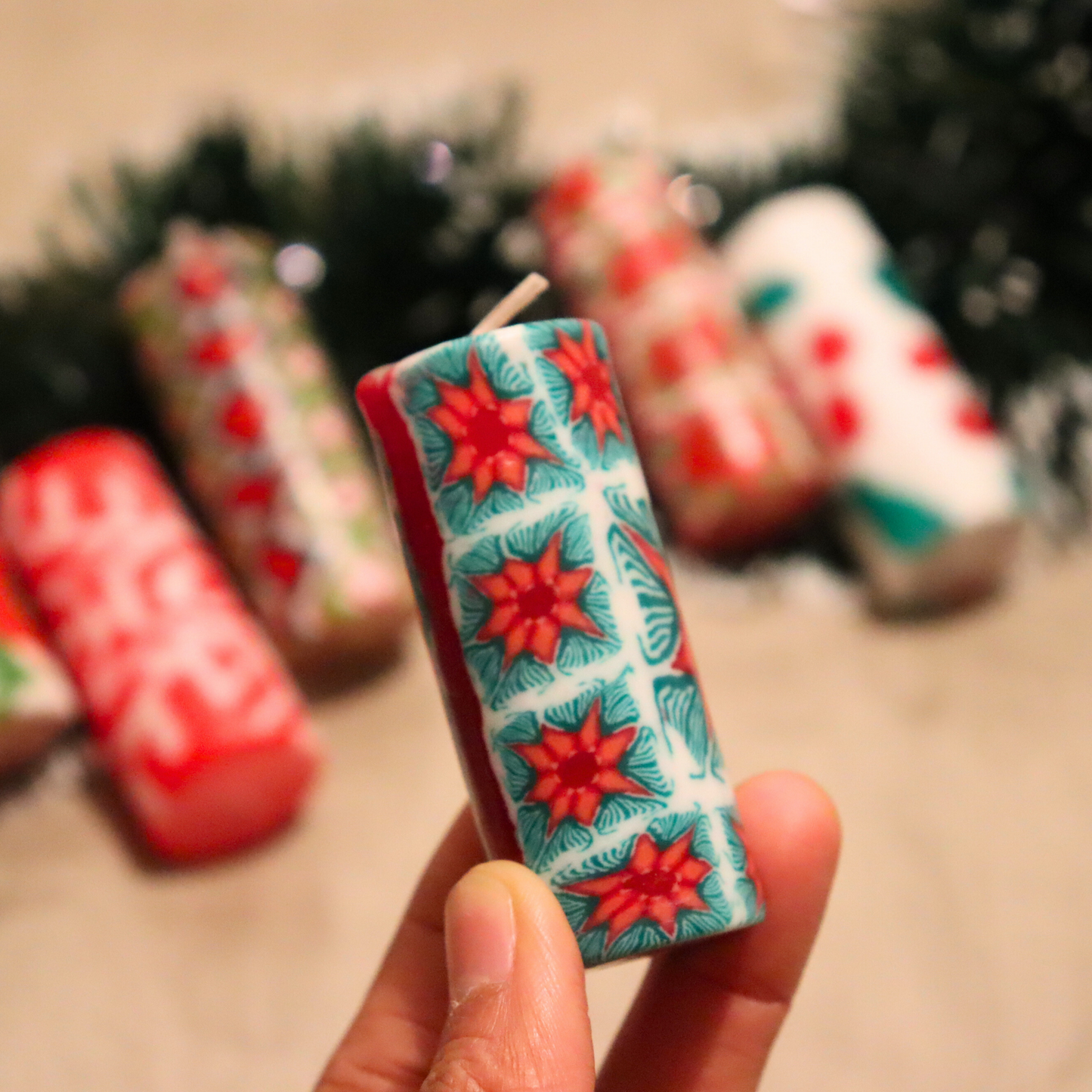 Small Pillar Dinner Candles, Unscented Set of 6, Christmas Festive Patterns - Aksa Home Decor