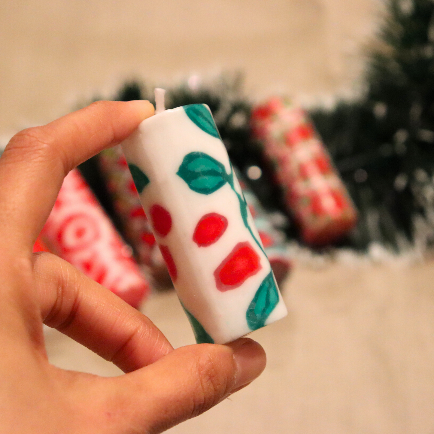 Small Pillar Dinner Candles, Unscented Set of 6, Christmas Festive Patterns - Aksa Home Decor