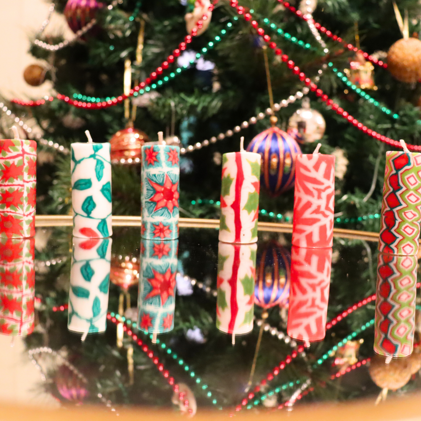 Small Pillar Dinner Candles, Unscented Set of 6, Christmas Festive Patterns - Aksa Home Decor