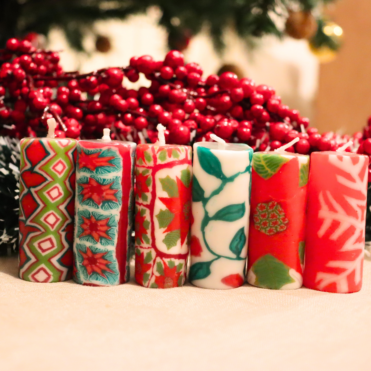 Small Pillar Dinner Candles, Unscented Set of 6, Christmas Festive Patterns - Aksa Home Decor