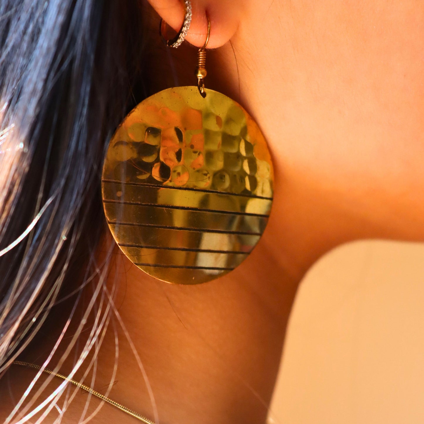 Statement Disc Round Hoop Brass Earrings, Hammered, Earthy Look, Classic Style - Aksa Home Decor 