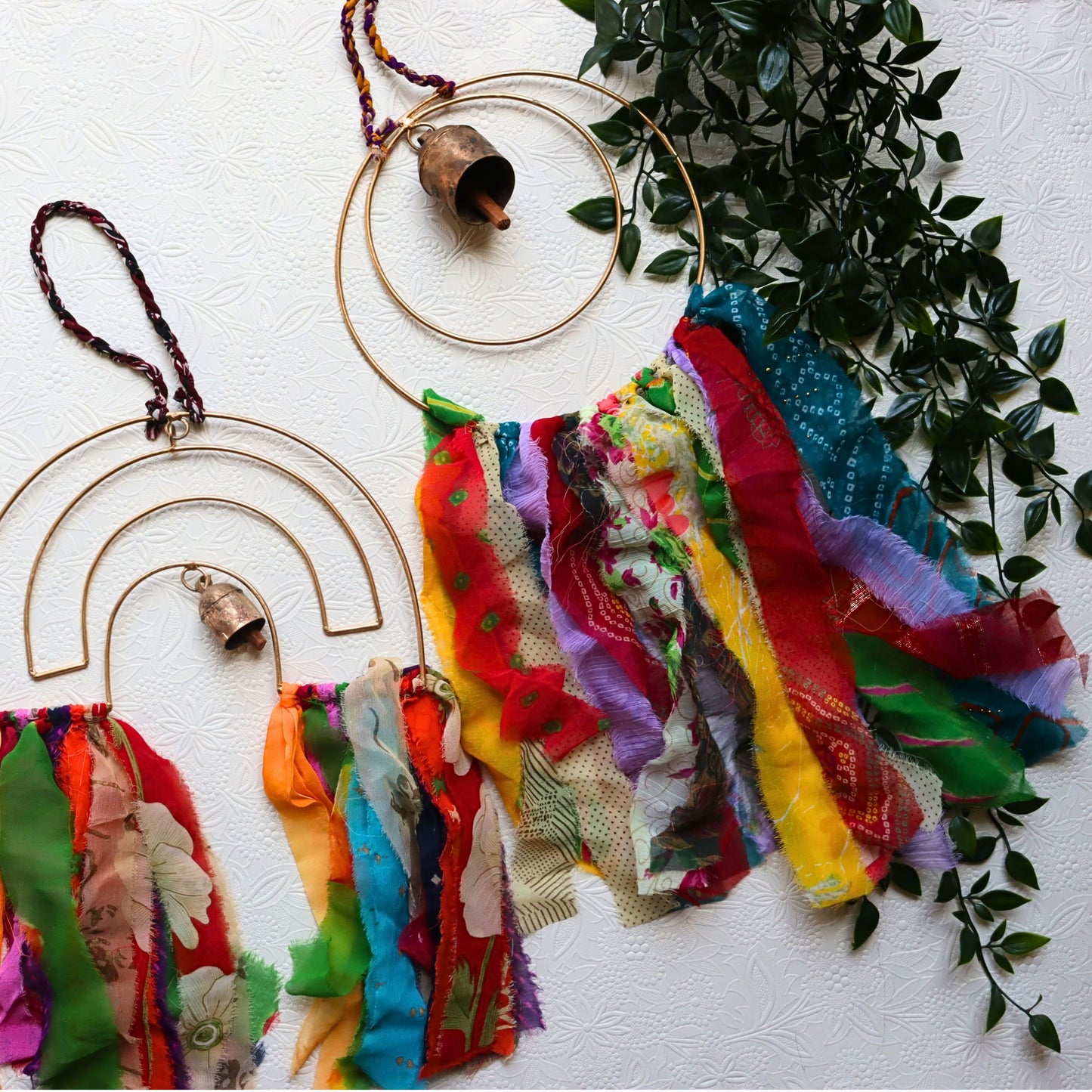 Surya Circle Chime with Rustic Bell, Handmade Metal Chime Assorted Cloth Tassels - Aksa Home Decor