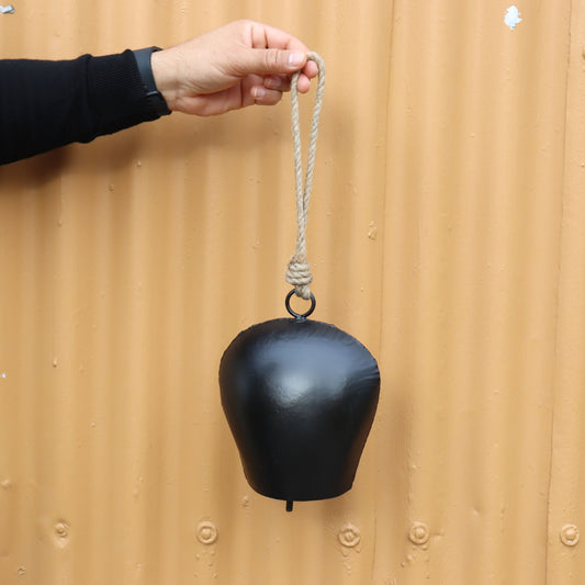 Single Black Cow Bell with Jute Rope, Recycled Metal Handcrafted - Aksa Home Decor