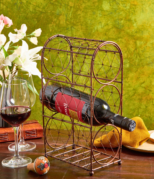 Wine Rack, 3 Bottles, Vertical, Handmade, Tabletop Brown Metal Wire Holder - Aksa Home Decor