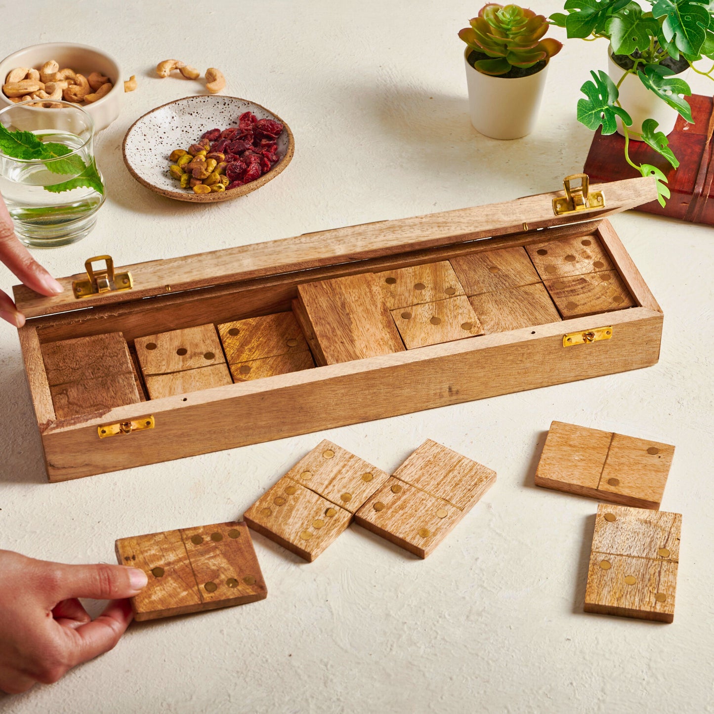 Wood & Brass Domino Game Box - Glass Lid, 28 Dominos, Handcrafted - Aksa Home Decor