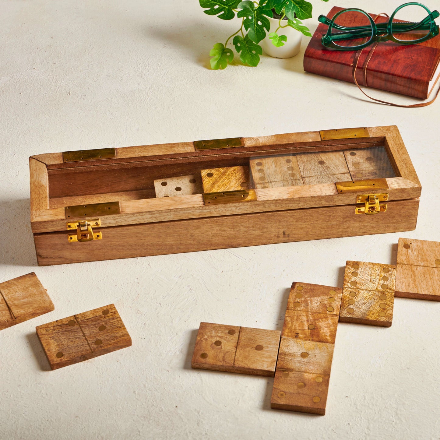 Wood & Brass Domino Game Box - Glass Lid, 28 Dominos, Handcrafted - Aksa Home Decor