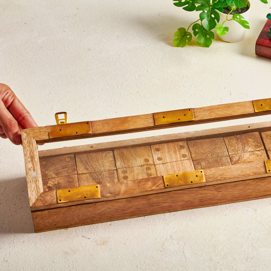 Wood & Brass Domino Game Box - Glass Lid, 28 Dominos, Handcrafted - Aksa Home Decor