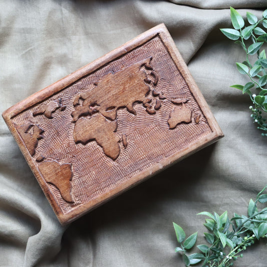 World Map Keepsake Jewellery Box - Wood, Engraved, Rectangle - Aksa Home Decor