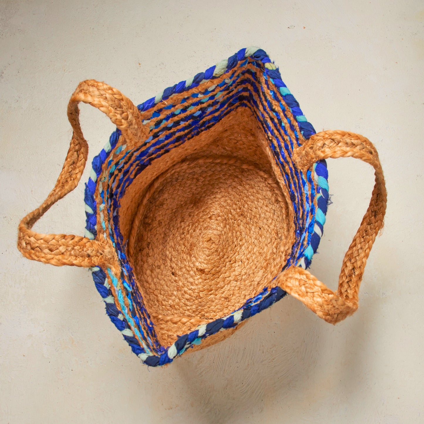 Blue Cloth & Jute Tote Bag, Handmade Upcycled Everyday Grocery Bag - Aksa Home Decor