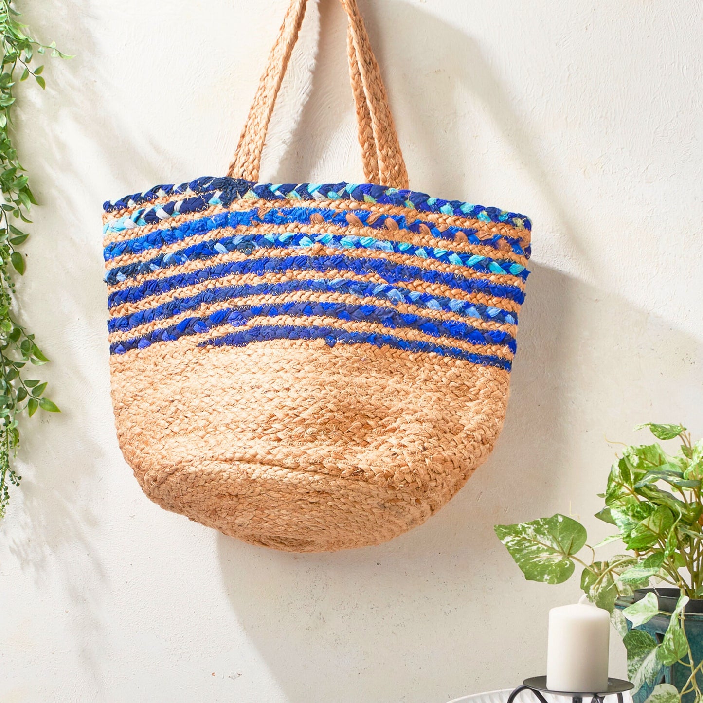 Blue Cloth & Jute Tote Bag, Handmade Upcycled Everyday Grocery Bag - Aksa Home Decor
