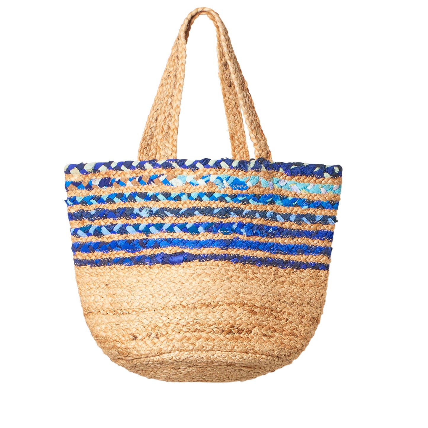 Blue Cloth & Jute Tote Bag, Handmade Upcycled Everyday Grocery Bag - Aksa Home Decor