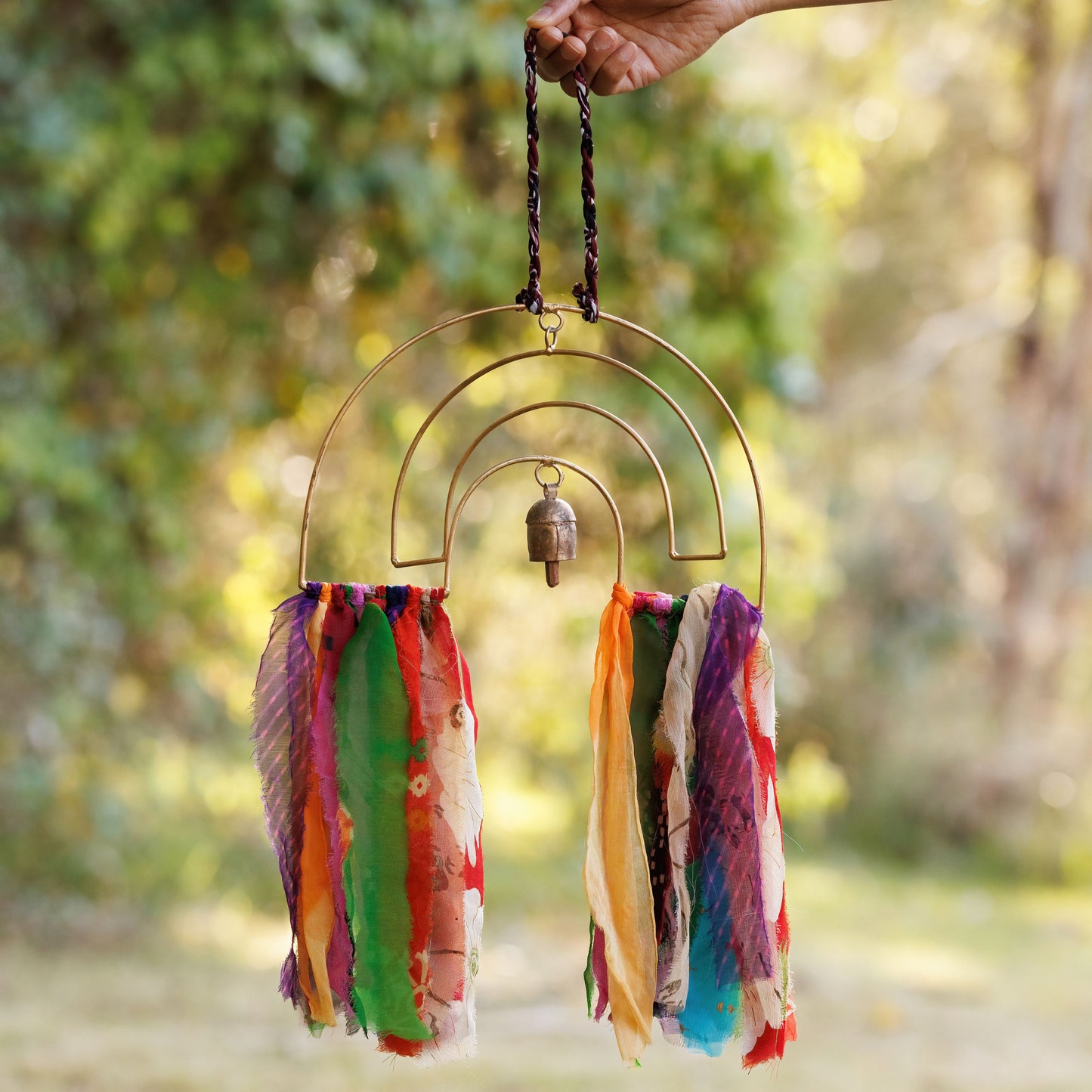 Handmade Rainbow Chime 15", Upcycled Textile & Metal Home Wall Decor - Aksa Home Decor
