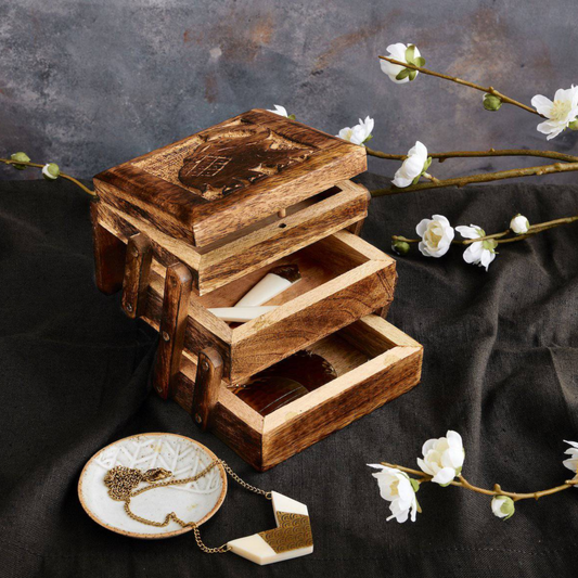 3 Drawer Folding Jewellery Box - Keepsake, Handmade Organiser, Elephant - Aksa Home Decor