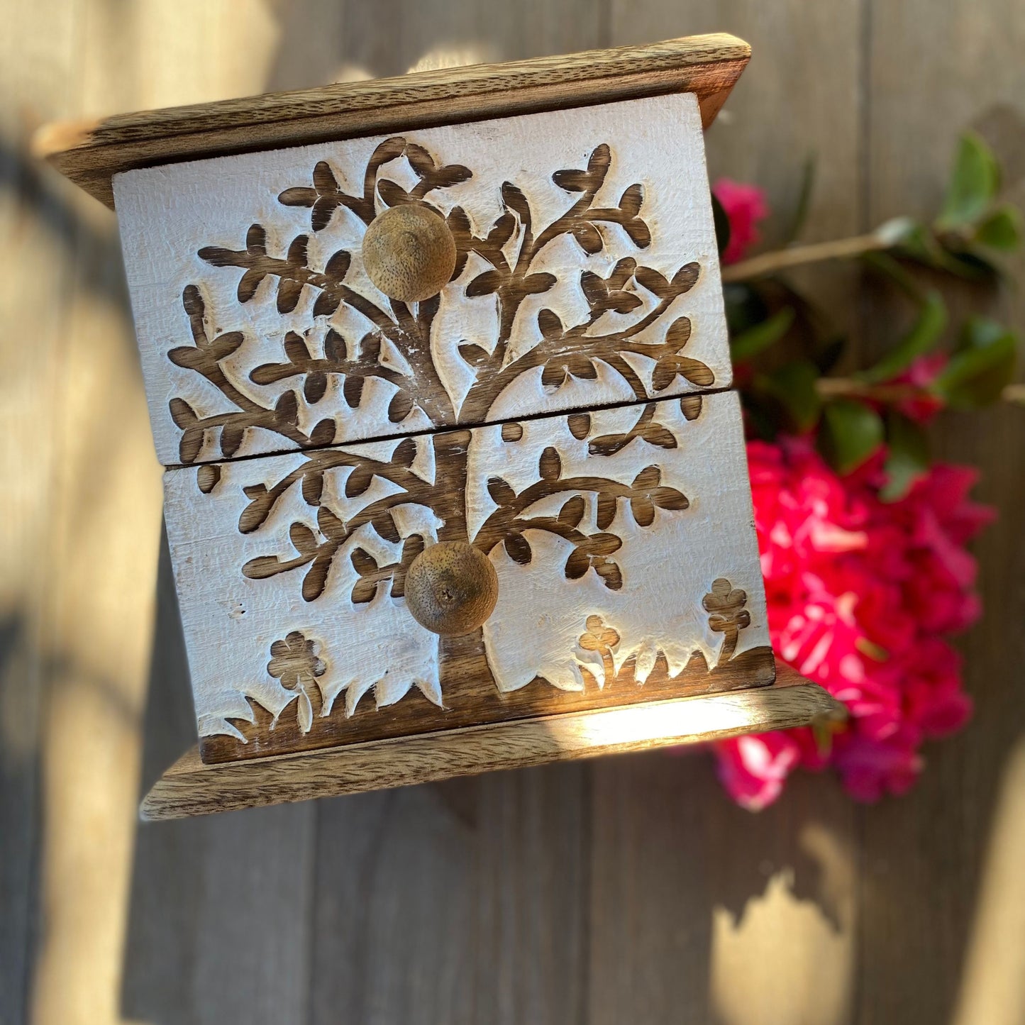 Tree of Life 2 Drawer Jewellery Box - Whitewashed, 19 cm Hgt - Aksa