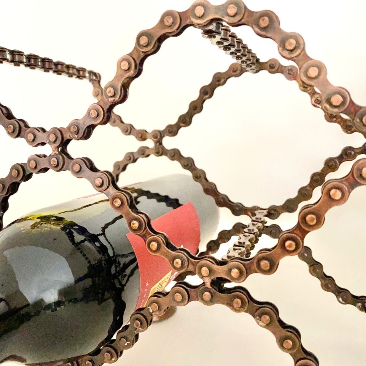Upcycled Bicycle Chain 8 Wine Bottle Rack Rustic Holder - Aksa