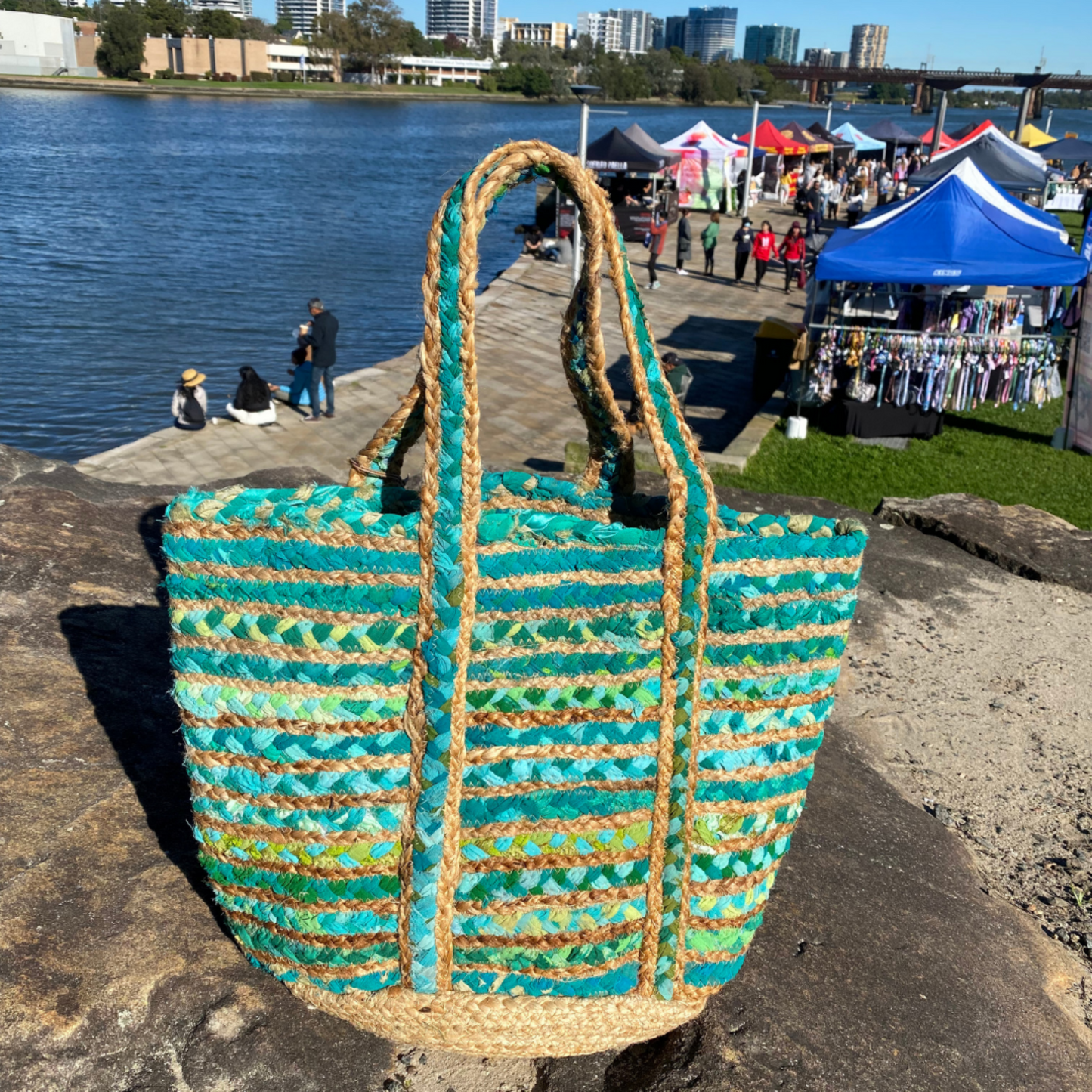 Handmade Repurposed Green Cloth & Jute Tote Bag - Aksa