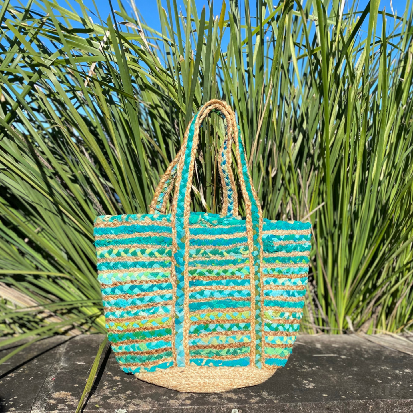 Handmade Repurposed Green Cloth & Jute Tote Bag - Aksa