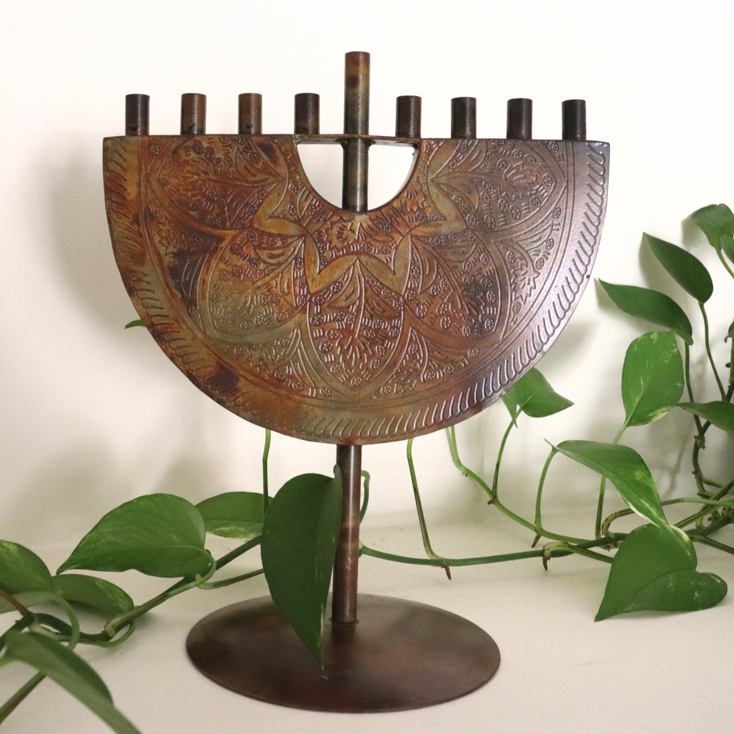 9 Candle Antiqued Iron Menorah Hanukkah Lamp Holder - Chanukah, Jewish, Judaica Home Decor