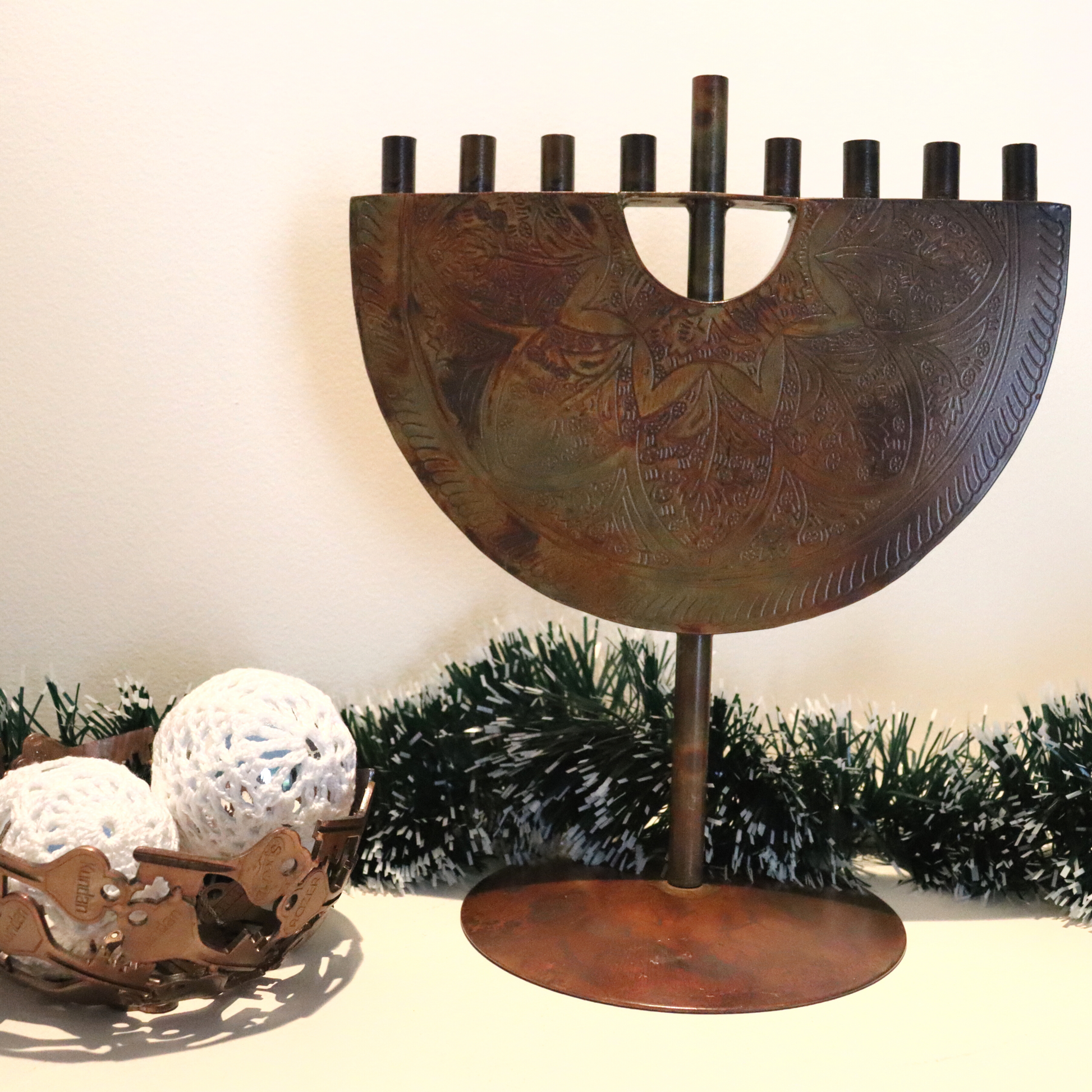 9 Candle Antiqued Iron Menorah Hanukkah Lamp Holder - Chanukah, Jewish, Judaica Home Decor