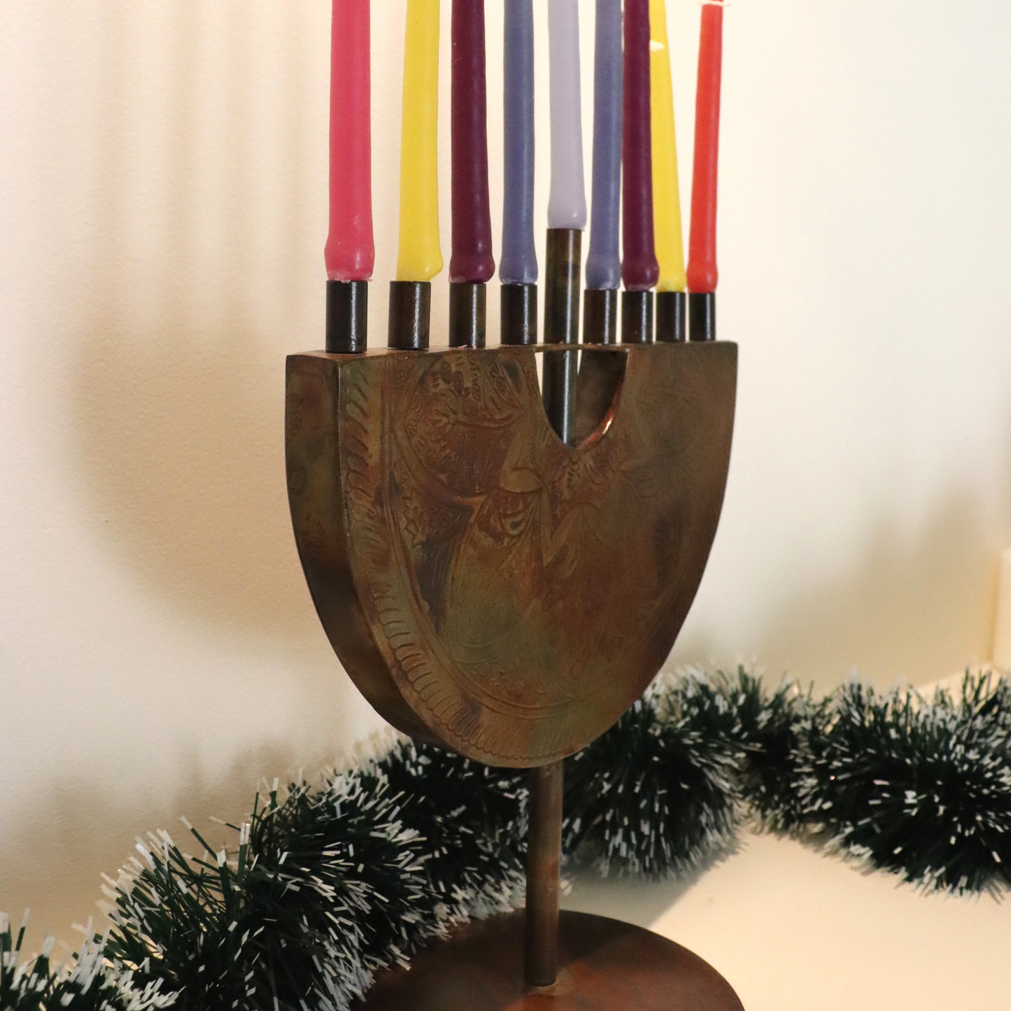 9 Candle Antiqued Iron Menorah Hanukkah Lamp Holder - Chanukah, Jewish, Judaica Home Decor
