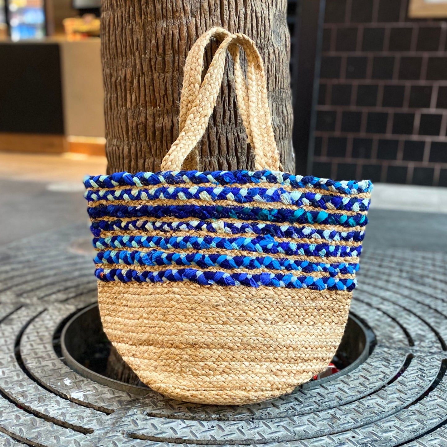 Blue Cloth & Jute Tote Bag - Handmade, Ethical, Upcycled, Repurposed Materials - Aksa Home Decor