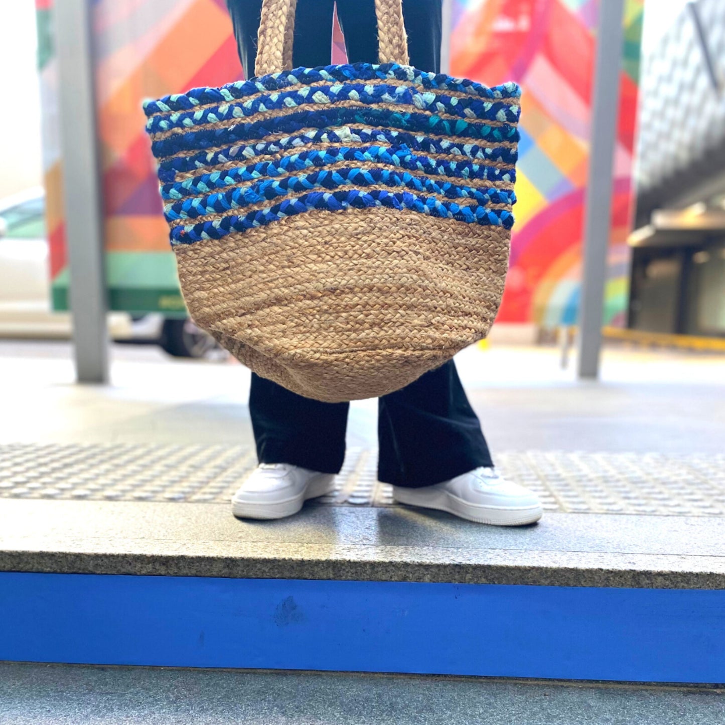 Blue Cloth & Jute Tote Bag - Handmade, Ethical, Upcycled, Repurposed Materials - Aksa Home Decor