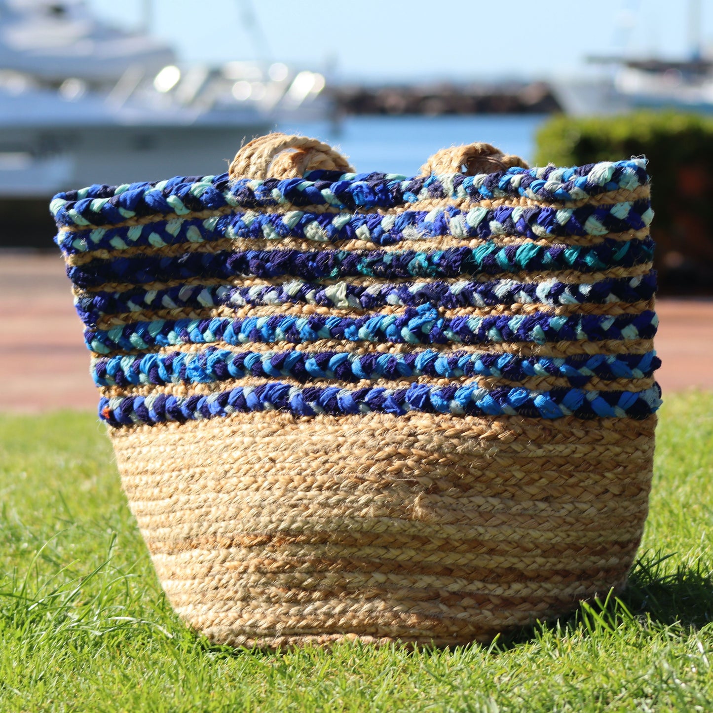 Blue Cloth & Jute Tote Bag - Handmade, Ethical, Upcycled, Repurposed Materials - Aksa Home Decor