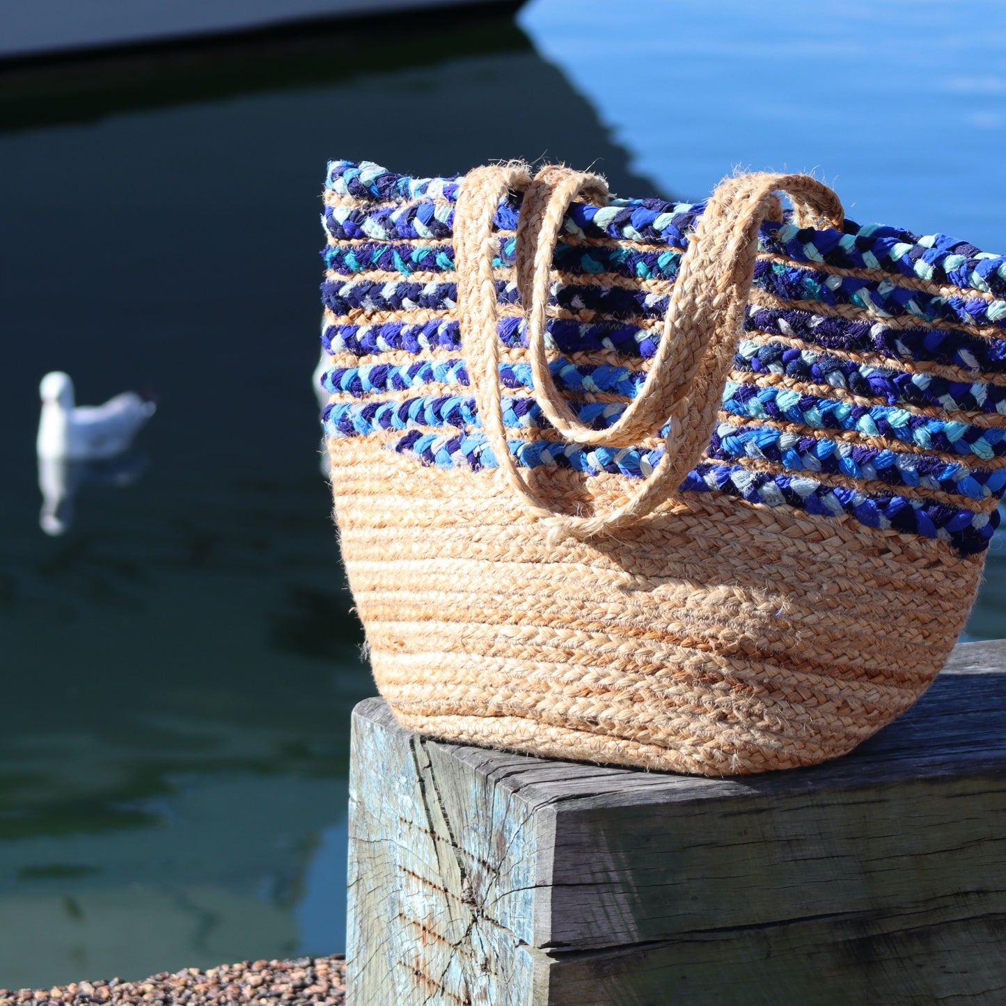 Blue Cloth & Jute Tote Bag - Handmade, Ethical, Upcycled, Repurposed Materials - Aksa Home Decor