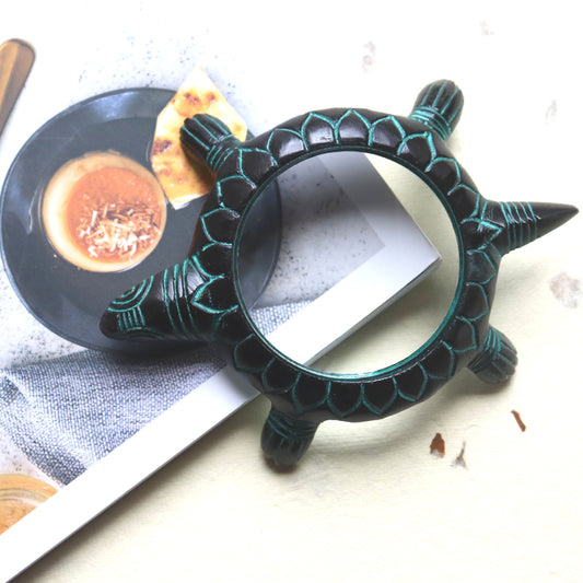 Brass Hand Magnifier Glass - Turtle Animal, Antique Patina, Handcrafted - Aksa Home Decor